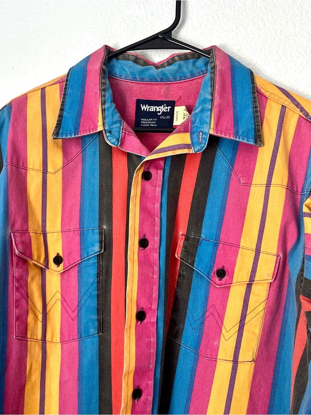 Rare 90’s Wrangler Brushpopper USA Striped Western X-Long Tails Shirt 17.5-35 - Picture 2 of 10